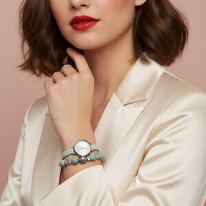 Mint Green Watch & Handmade Bracelet Set | New Battery | Faux Leather